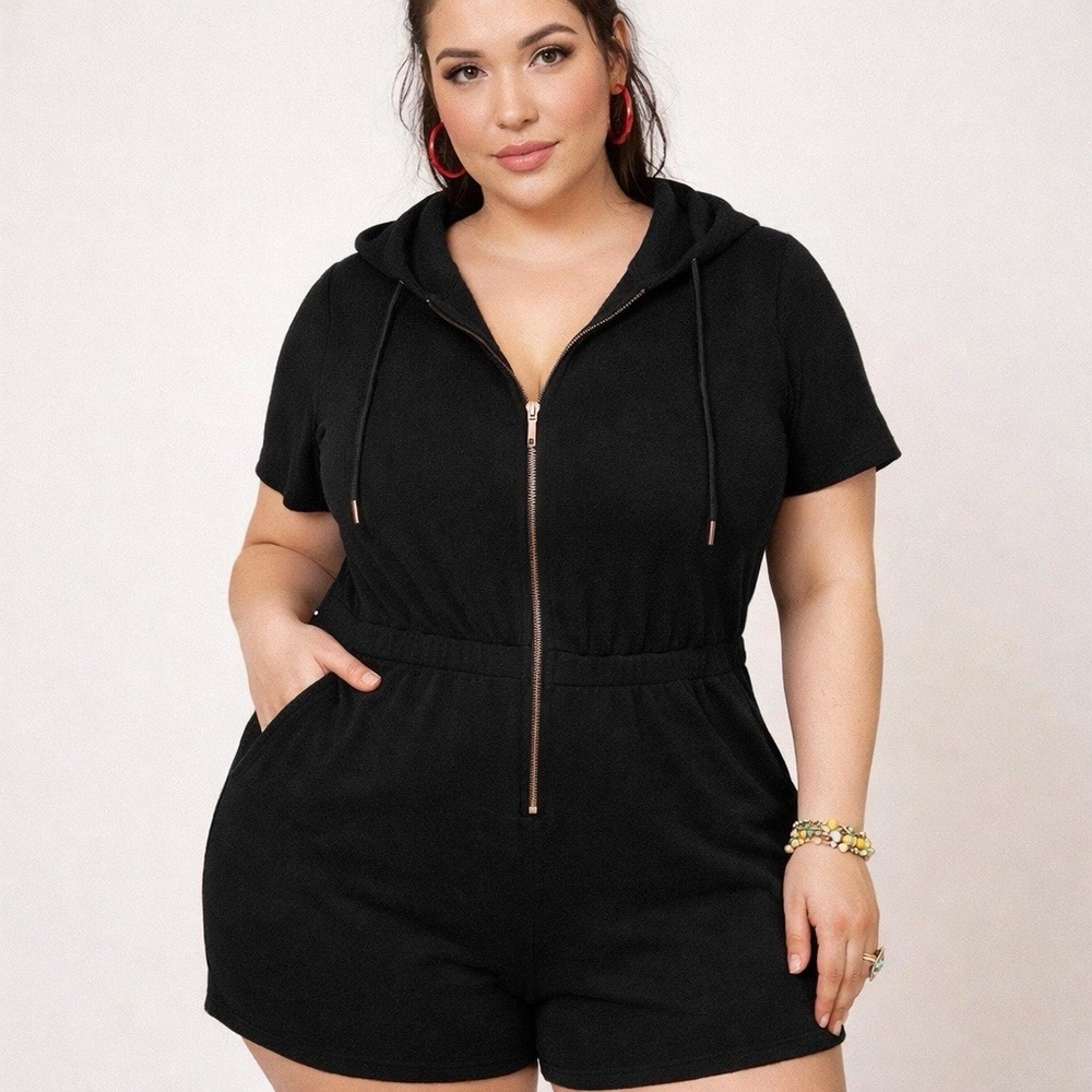 NWT YITTY Pet Me Heart Pocket Terry Short One Piece Jumpsuit Black Swim Hooded